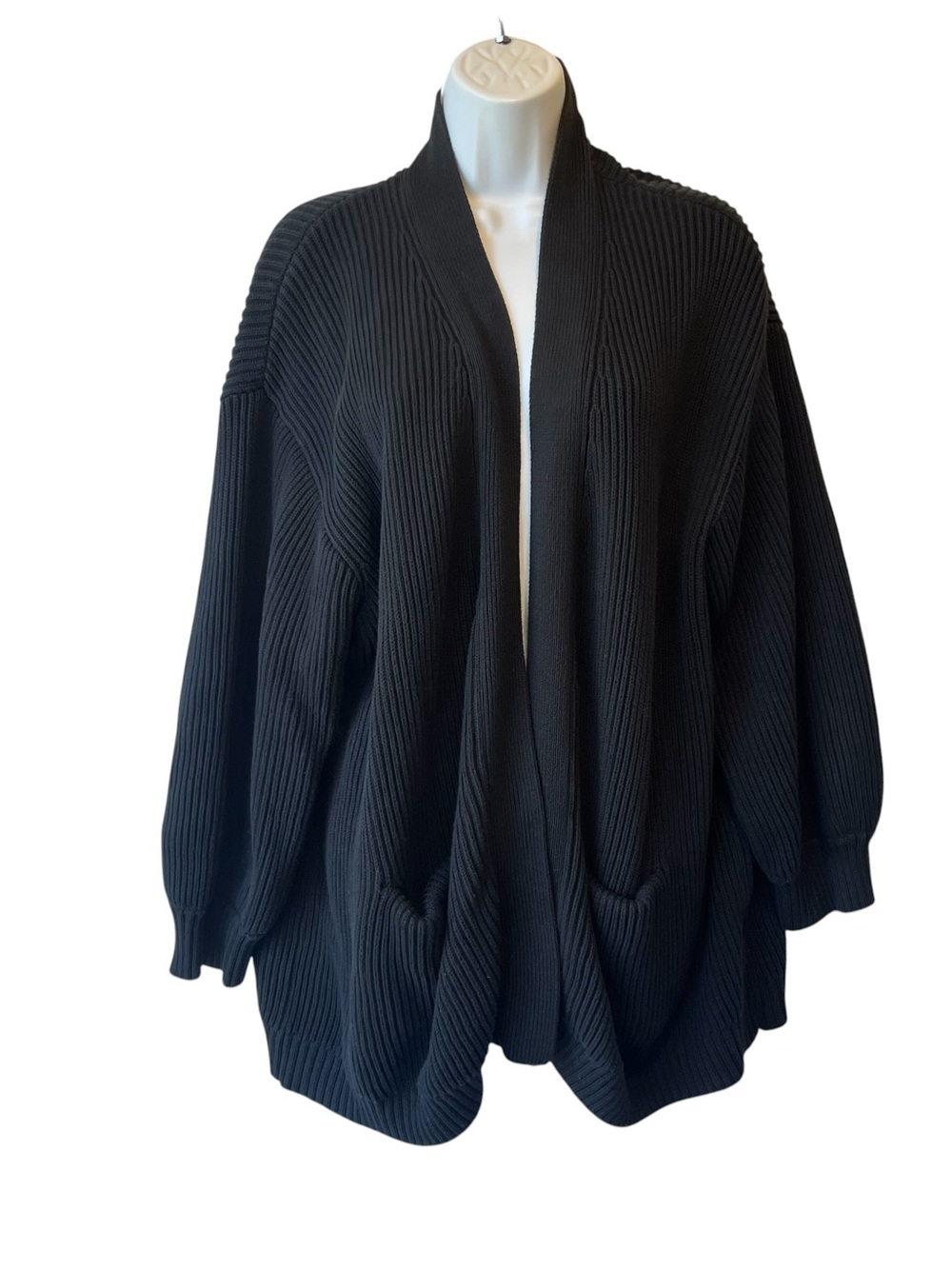 Quince ribbed knit open cardigan sweater XL Black Pockets Heavy Organic cotton